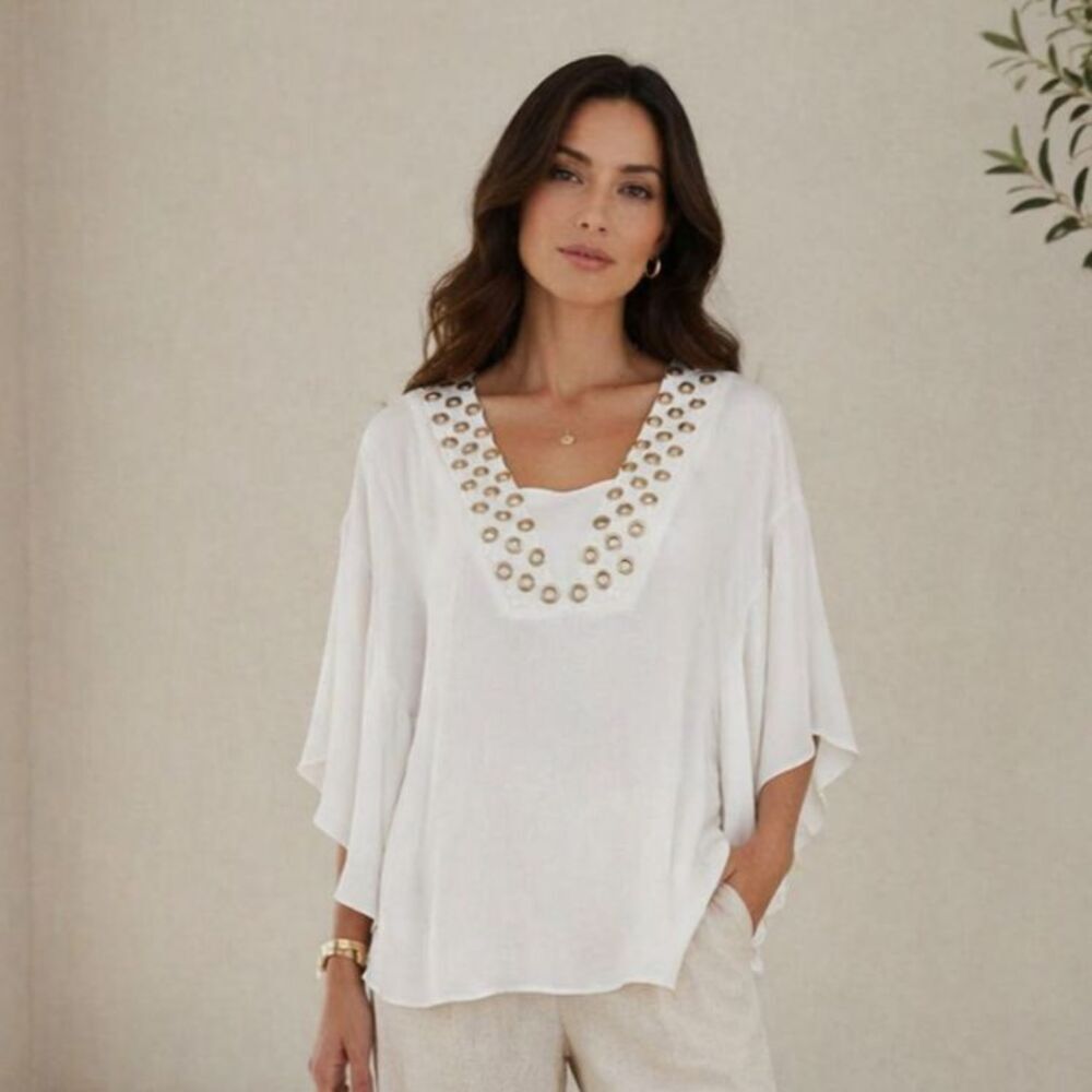 Chicos Black Label White Flare Sleeves Gold Detail V Neck Blouse Size 0